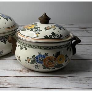 VTG ASTA Enamelware Floral Casserole Pot "Amsterdam" Pattern 7” Pot with Lid